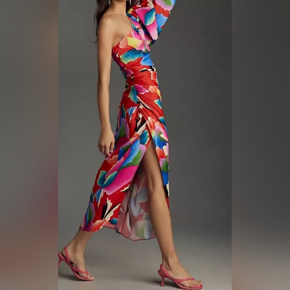 FARM Rio One-Shoulder Floral Midi Dress in Red with Multicolor Blooms - Picture 2 of 9